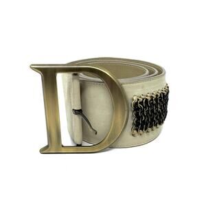 Christian Dior Saddle Belt Beige Leather Antique Gold “D” Buckle Chainmail Sz 85